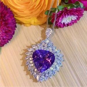 New Gorgeous Sterling Silver White Sapphire Amethyst Heart Necklace